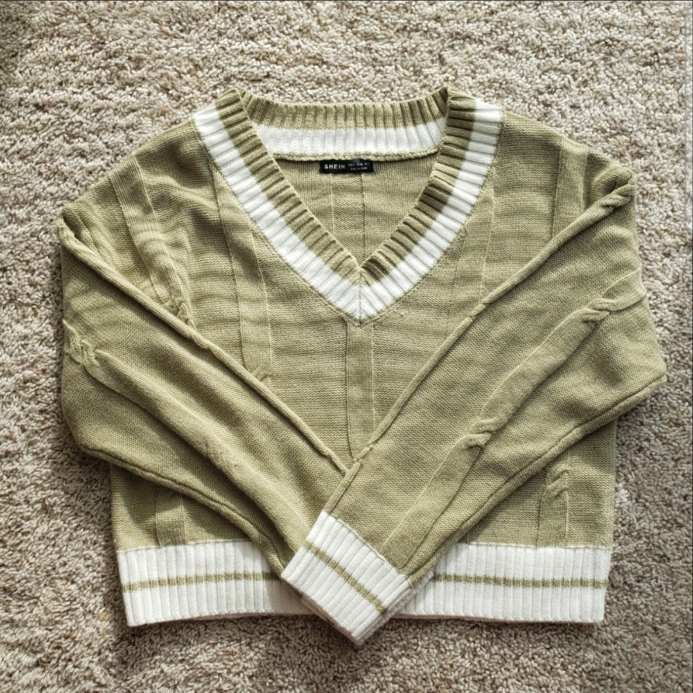 SHEIN Olive and White V-Neck Sweater